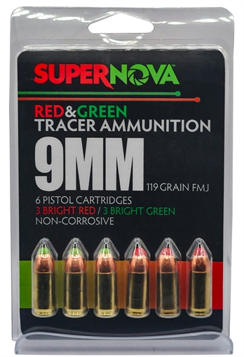Picture of SUPERNOVA  AMMUNITION AMO 9MM 115GR FMJ COMBO 3/GREEN 3/RED TRACER 6RD ( 60 BOXES PER CASE ) PMSN9MM-MP 860014631726