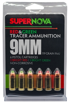 Picture of SUPERNOVA  AMMUNITION AMO 9MM 115GR FMJ COMBO 3/GREEN 3/RED TRACER 6RD ( 60 BOXES PER CASE ) PMSN9MM-MP 860014631726
