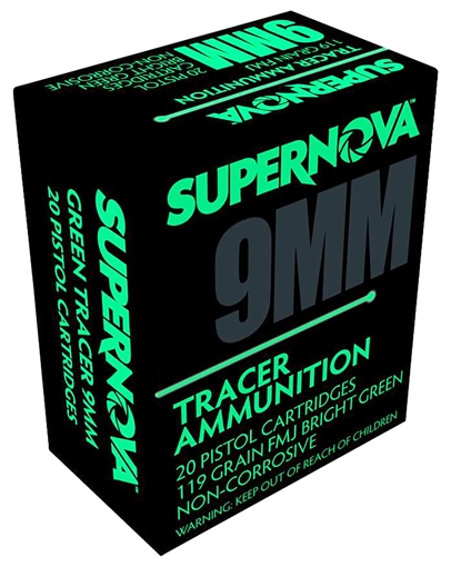 Picture of Supernova Green Tracer Non Corrosive 9mm Luger 119 Gr Full Metal Jacket 20 Per Box/ 50 Cs PMSN9MMG
