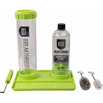 Picture of Breakthrough Clean Technologies Suppressor Cleaning Kit, Includes 16 OZ Bottle of Suppressor Cleaner, Suppressor Cleaning Submission Tube, Submission Hook, Metal and Nylon Cleaning Brushes, and Cleaning Tray BT-SCK