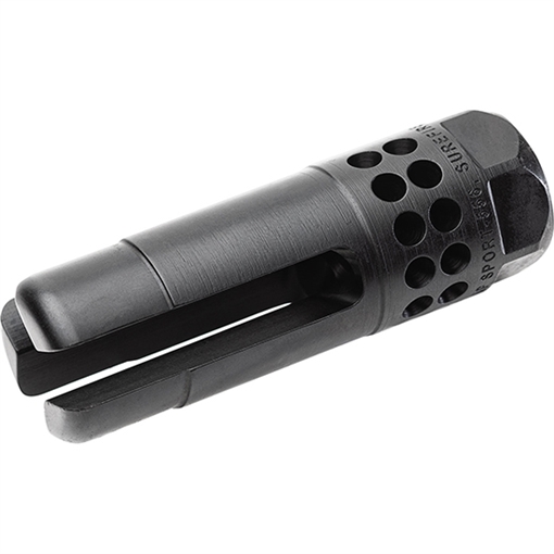 Picture of SureFire Warcomp Sport Flash Hider 22 Cal (5.56mm) 1/2"-28 tpi, Open Tine 3-Prong, Ported Black Stainless Steel for AR/M4-Platform WARCOMPSPORT5561228