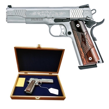 Picture of Smith & Wesson Engraved 1911, Single Action Only, Semi-automatic, Metal Frame Pistol, Full Size, 45 ACP, 5" Barrel, Stainless Steel Slide and Frame, Glass Bead Finish, Wood Grips, Fixed Sights, Manual Thumb Safety, 8 Rounds, Engraved Slide, 2 Magazines 10270