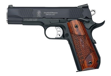 Picture of Smith & Wesson SW1911SC, E-Series, Massachusetts Compliant, Single Action Only, Semi-Automatic, Metal Frame Pistol, Commander, 45 ACP, 4.25" Barrel, Scandium Alloy, Black, Wooden Laminate E-Series Grips, Tritium Night Sights, Manual Thumb Safety, 8 Rounds, 2 Magazines 108483