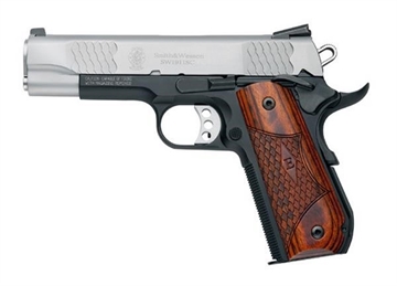 Picture of Smith & Wesson SW1911SC, E-Series, Single Action Only, Semi-automatic, Metal Frame Pistol, Full Size, 45 ACP, 4.25" Barrel, Scandium Alloy, Satin Stainless Slide, Black Frame, Wooden Laminate E-Series Grips, Tritium Sights, Manual Thumb Safety, 8 Rounds, 2 Magazines 108485