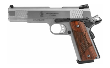 Picture of Smith & Wesson SW1911, E-Series, Single Action Only, Semi-automatic, Metal Frame Pistol, Full Size, 45 ACP, 5" Barrel, Stainless Steel, Wooden Laminate E-Series Grip, 3 Dot Sight, Manual Thumb Safety, 8 Rounds, 2 Magazines 108482