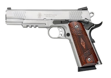 Picture of Smith & Wesson SW1911TA, E-Series, Single Action Only, Semi-automatic, Metal Frame Pistol, Full Size, 45 ACP, 5" Barrel, Stainless Steel, Wooden Laminate E-Series Grips, Night Sights, Manual Thumb Safety, 8 Rounds, Tac Rail, 2 Magazines 108411
