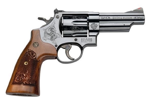 Picture of Smith & Wesson Model 29, Classic, Engraved, Double/Single Action, Metal Frame Revolver, N-Frame, 44 Magnum, 4" Barrel, Carbon Steel, Blued Finish, Wood Grips, Adjustable Sights, 6 Rounds, Display Case 150783 022188142242