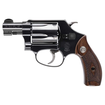 Picture of Smith & Wesson Model 36 Classic, Double Action, Metal Frame Revolver, J-Frame, 38 Special +P, 1.88" Barrel, Carbon Steel, Blued Finish, Wood Grips, Fixed Sights, 5 Rounds, No Internal Lock 14076