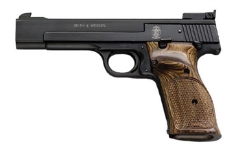 Picture of Smith & Wesson Model 41, Target, Single Action Only, Semi-automatic, Metal Frame Pistol, Full Size, 22LR, 5.5" Heavy Barrel, Carbon Steel, Blue Finish, Wood Grips, Adjustable Sights, Manual Thumb Safety, 10 Rounds, 2 Magazines 130511