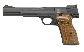 Picture of Smith & Wesson Model 41, Target, Single Action Only, Semi-automatic, Metal Frame Pistol, Full Size, 22LR, 7" Barrel, Carbon Steel, Blue Finish, Wood Grips, Adjustable Sights, Manual Thumb Safety, 10 Rounds, 2 Magazines 130512