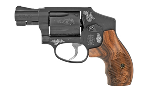 Picture of Smith & Wesson Model 442 38 S&W Spl +P 5 Shot 1.88" Engraved Black Carbon Steel Barrel/Cylinder, Engraved Black Aluminum J-Frame, Engraved Wood Grip, Mahogany Presentation Case 150785