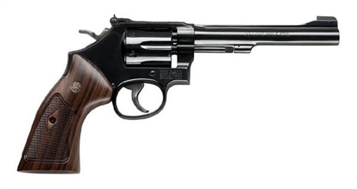Picture of Smith & Wesson Model 48, Classic, Double/Single Action, Metal Frame Revolver, K-Frame, 22WMR, 6" Barrel, Carbon Steel, Blued Finish, Wood Grips, Adjustable Sights, 6 Rounds 150718