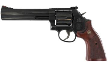 Picture of Smith & Wesson Model 586, Classic, Double Action, Metal Frame Revolver, L-Frame, 357 Magnum, 6" Barrel, Carbon Steel, Blued Finish, Wood Grips, Red Ramp White Outline Sights, 6 Rounds 150908 022188147827