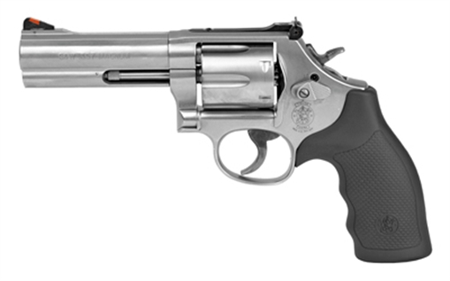 Picture of Smith & Wesson Model 686, Double/Single Action, Metal Frame Revolver, L-Frame, 357 Magnum, 4.13" Barrel, Stainless Steel, Satin Finish, Silver, Rubber Grips, Adjustable Rear Sight, 6 Rounds 164222 022188642223