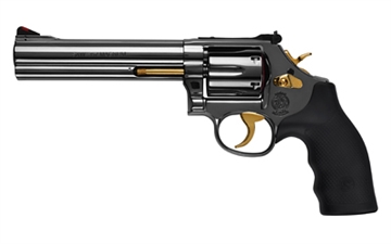 Picture of Smith & Wesson Model 686, Double/Single Action, Metal Frame Revolver, L-Frame, 357 Magnum, 6" Barrel, Stainless Steel, Black Chrome Finish Frame, 24K Gold Parts, Rubber Grips, Adjustable Rear Sight, 6 Rounds 164224 -