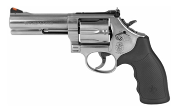 Picture of Smith & Wesson Model 686 Plus, Double Action/Single Action, Metal Frame Revolver, L-Frame, 357 Magnum, 4.13" Barrel, Stainless Steel, Satin Finish, Silver, Rubber Grips, Adjustable Rear Sight, 7 Rounds 164194 022188641943