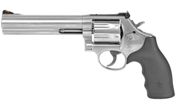 Picture of Smith & Wesson Model 686 Plus, Double Action/Single Action, Metal Frame Revolver, L-Frame, 357 Magnum, 6" Barrel, Stainless Steel Frame, Satin Finish, Silver, Rubber Grips, Adjustable Rear Sight, 7 Rounds 164198 022188641981