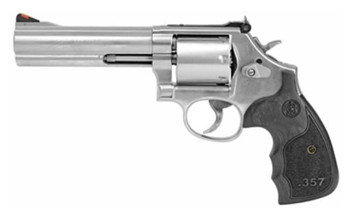 Picture of Smith & Wesson 686 Plus, Deluxe, 3-5-7 Magnum Series, Double/Single Action, Metal Frame Revolver, L-Frame, 357 Magnum, 5" Barrel, Stainless Steel, Satin Finish, Silver, Adjustable Sights, Wood Grips, 7 Rounds 150854 022188145144