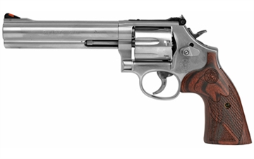 Picture of Smith & Wesson Model 686 Plus Deluxe 357 Mag or 38 S&W Spl +P Stainless Steel 6" Barrel, 7rd Cylinder, Satin Stainless Steel L-Frame, Textured Wood Grip, Internal Lock 150712