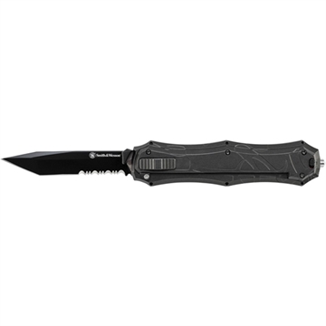 Picture of Smith & Wesson OTF Assist, Finger Actuator, Black 40% Serrated Tanto Blade AUS-8 Steel. No Ship CA, NY, MA SWOTF9TBS