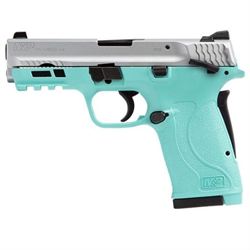Picture of S&W M&P 380 Shield EZ Handgun .380 ACP 7&8rd Magazines 3.7" Barrel Thumb Safety Satin Slide/Robins Egg Blue Frame USED 13283U