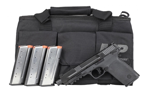 Picture of Smith & Wesson M&P 5.7, Semi-automatic, Single Action Only Internal Hammer Fired, Full Size, 5.7X28MM, 5" Threaded Barrel, Optics Ready, Manual Thumb Safety, Optic Height Sights, Black, 22 Rounds, 4 Magazines, M&P Pro Tac Padded Handgun Case 14378