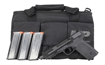 Picture of Smith & Wesson M&P 5.7, Semi-automatic, Single Action Only Internal Hammer Fired, Full Size, 5.7X28MM, 5" Threaded Barrel, Optics Ready, Manual Thumb Safety, Optic Height Sights, Black, 22 Rounds, 4 Magazines, M&P Pro Tac Padded Handgun Case 14378