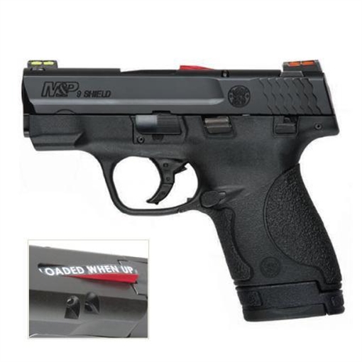 Picture of S&W M&P 9 Shield Handgun 9mm Luger 7rd Magazine 3.1" Barrel HI-VIZ Fiber Optics Ca Compliant USED 11905U