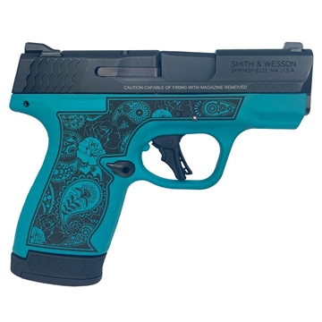 Picture of S&W M&P Shield Plus Custom Engraved Paisley Aztec Teal Frame Handgun 9mm Luger 10rd/13rd Magazines 3.1" Barrel Thumb Safety 13246 MODPAT