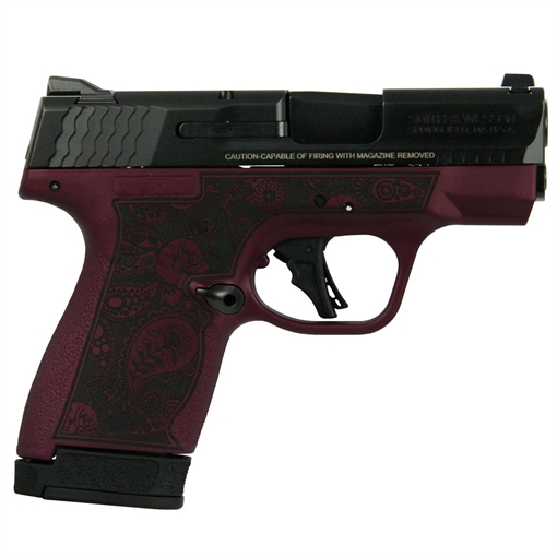 Picture of S&W M&P Shield Plus Custom Engraved Paisley Black Cherry Frame Handgun 9mm Luger 10rd/13rd Magazines 3.1" Barrel No Thumb Safety 13248 MODPBC