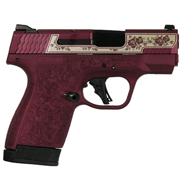 Picture of S&W M&P Shield Plus Custom Engraved Rose Black Cherry Handgun 9mm Luger 10rd/13rd Magazines 3.1" Barrel No Thumb Safety 13248 MODRBC