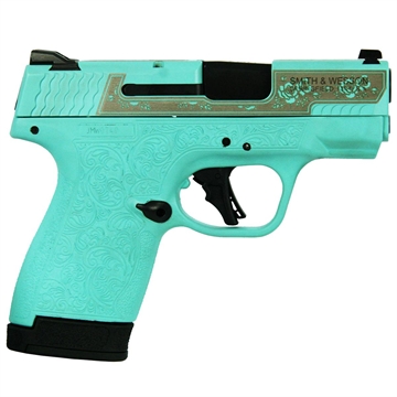 Picture of S&W M&P Shield Plus Custom Engraved Rose Robin's Egg Blue Handgun 9mm Luger 10rd/13rd Magazines 3.1" Barrel Thumb Safety 13246 MODRAT
