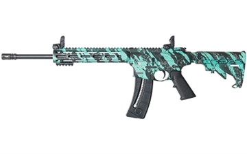 Picture of Smith & Wesson M&P15-22, Semi-automatic, AR, 22LR, 16.5", Robin's Egg Blue Platinum Camo Finish, 6 Position Collapsible Stock, Threaded, 25Rd, Flip Up Front and Rear 12066