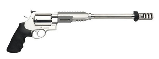 Picture of Smith & Wesson Model 460XVR, Performance Center, Double Action, Metal Frame Revolver, X-Large Frame, 460 S&W, 14" Fluted Barrel with Muzzle Brake, Stainless Steel, Satin Finish, Silver, Adjustable Sights, 5 Rounds, Performance Center Tuned Action, Bipod, Fired Casing 170339