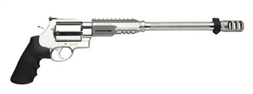 Picture of Smith & Wesson Model 460XVR, Performance Center, Double Action, Metal Frame Revolver, X-Large Frame, 460 S&W, 14" Fluted Barrel with Muzzle Brake, Stainless Steel, Satin Finish, Silver, Adjustable Sights, 5 Rounds, Performance Center Tuned Action, Bipod, Fired Casing 170339