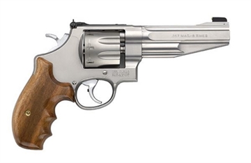 Picture of Smith & Wesson Model 627, Performance Center, Double Action, Metal Frame Revolver, N-Frame, 357 Magnum, 5" Barrel, Stainless Steel, Matte Finish, Silver, Wood Grips, Adjustable Rear Sight, Gold Bead Front Sight, 8 Rounds, Performance Center Tuned Action 170210 022188702101