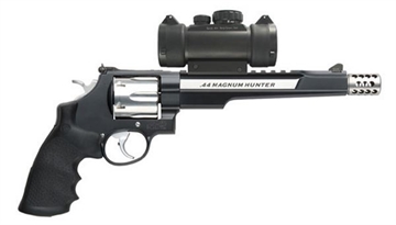 Picture of Smith & Wesson Model 629, Hunter, Double Action, Metal Frame Revolver, X-Frame, 44 Magnum, 7.5" Barrel, Muzzle Brake, Stainless Steel, Two-Tone Finish, Rubber Grips, Adjustable Sights, 6 Rounds, Red Dot/Green Dot Optical Sight Included 170318 022188703184