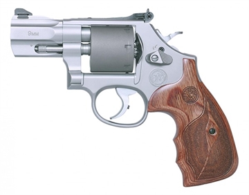 Picture of Smith & Wesson Model 986, Performance Center, Double Action/Single Action, Metal Frame Revolver, 9MM, 2.5" Custom Barrel, Stainless Steel, Unfluted Titanium Cylinder, Matte Finish, Wood Grip, Adjustable Sights, 7 Rounds, Trigger Stop 10227