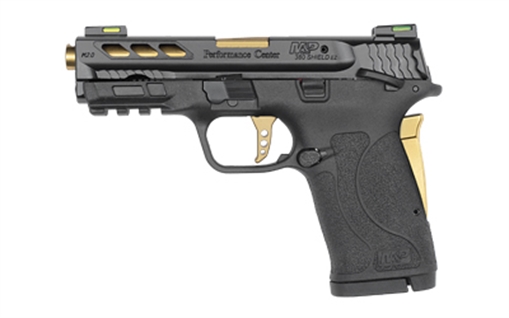 Picture of Smith & Wesson Shield M2.0 M&P380, Internal Hammer Fired, Semi-automatic, Polymer Frame Pistol, Micro-Compact, 380 ACP, 3.8" Ported Barrel, Armornite Finish, Black with Gold Accents, HiViz Litewave H3 Fiber Optic/Tritium Sights, Manual Thumb Safety, 8 Rounds, Lightning Cuts, 2 Magazines 12719