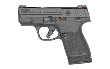 Picture of Smith & Wesson M&P9, Shield Plus, Performance Center, Striker Fired, Polymer Frame Pistol, Micro-Compact, 9MM, 3.1" Ported Barrel, Armornite Finish, Black, Manual Thumb Safety, Fiber Optic Sights, Flat Face Trigger, 2 Magazines, (1) 10-Round and (1) 13-Round 13254
