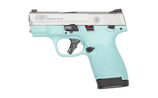 Picture of Smith & Wesson Shield Plus, M&P9, Semi-automatic, Striker Fired Polymer Frame Pistol, Micro-Compact, 9MM, 3.1" Barrel, Cerakote Finish, Silver Slide, Robins Egg Blue Frame, White Dot Sights, Manual Thumb Safety, Flat Face Trigger, 2 Magazines, (1) 10-Round (1) 13-Round 14022