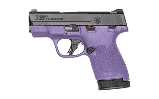 Picture of Smith & Wesson Shield Plus, M&P9, Semi-automatic, Striker Fired Polymer Frame Pistol, Micro-Compact, 9MM, 3.1" Barrel, Armornite Finish, Black Slide, Purple Cerakote Frame, White Dot Sights, Manual Thumb Safety, Flat Face Trigger, 2 Magazines, (1) 10-Round (1) 13-Round 14137