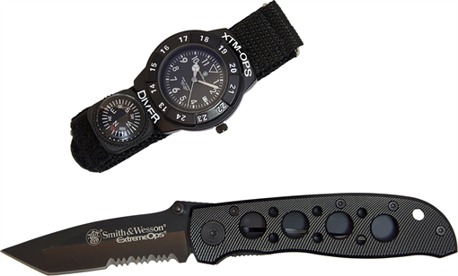 Picture of S&W S&W Extreme Ops Combo 3.18" Folding Plain Black 420 Stainless Steel Blade, Black Handle, Watch w/Compass SWXTMOPS2