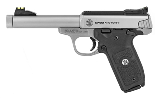 Picture of Smith & Wesson SW22 Victory, Single Action Only, Semi-automatic, Metal Frame Pistol, 22LR, 5.5" Threaded Barrel, Stainless Steel, Polymer Grip, Fiber Optic Front Sight, Manual Thumb Safety, Adjustable Rear Sight, 10 Rounds, 2 Magazines 10201