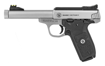 Picture of Smith & Wesson SW22 Victory, Single Action Only, Semi-automatic, Metal Frame Pistol, 22LR, 5.5" Threaded Barrel, Stainless Steel, Polymer Grip, Fiber Optic Front Sight, Manual Thumb Safety, Adjustable Rear Sight, 10 Rounds, 2 Magazines 10201