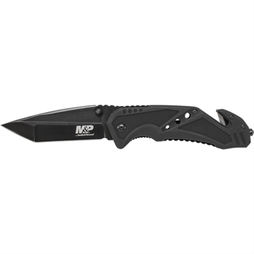 Picture of Smith & Wesson Knives M&P Rescue 3.80" Folding Tanto Plain Black Stainless Steel Blade Black G10 Handle Features Glass Breaker/Seat Belt Cutter Includes Pocket Clip SWMP11BCP