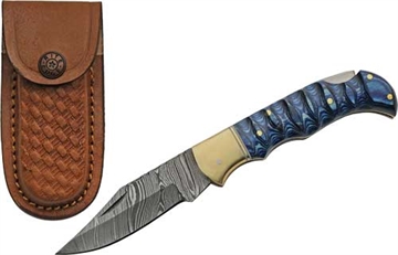 Picture of SZCO RITE EDGE 3" BLUE GROOVED WOOD DAMASCUS LOCKBACK W/SHTH DM1303BL