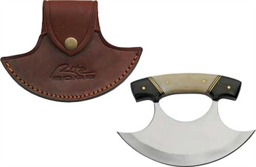 Picture of SZCO RITE EDGE 6" HORN & BONE HANDLE ULU W/LEATHER SHEATH DH8026HN