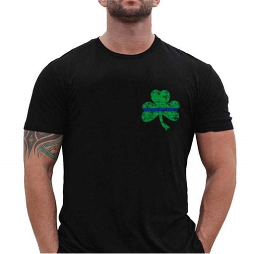 Picture of Thin Blue Line T-Shirt, Small Shamrock, Thin Blue Line STPAT-SM-TBL-SHIRT-BLACK-MEDIUM