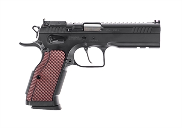 Picture of Tanfoglio  Stock III Special 9mm Luger 17+1 4.75" Stainless Polygonal Rifled Barrel, Black Steel Optic Ready/Serrated Slide, Black Steel Frame w/Beavertail, Red G10 Grip TFSTOCK3S9